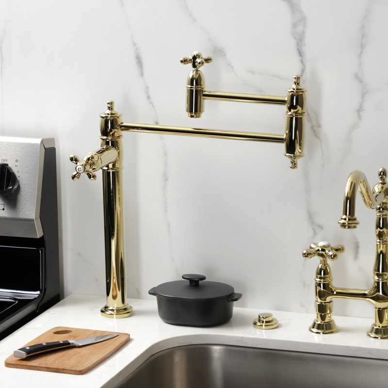 Kingston Brass Restoration Two-Handle 1-Hole Deck Mount Pot Filler Faucet, Polished Brass