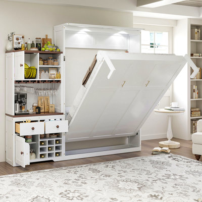 Grand lit escamotable avec armoire de rangement, support à vin, porte-verre, tiroirs et bande DEL multicolore