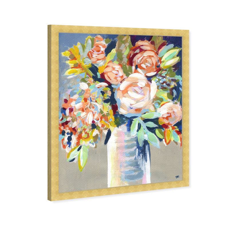 Cadre floral peint à l'orange, Cadre doré, H 32 po x l 26 po