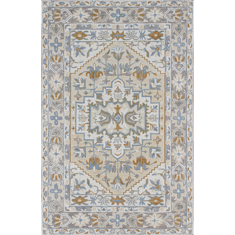 Tapis oriental gris clair / bleu / jaune en laine touffeté à la main Hardwick, Rectangle 5 pi 6 po x 8 pi 6 po