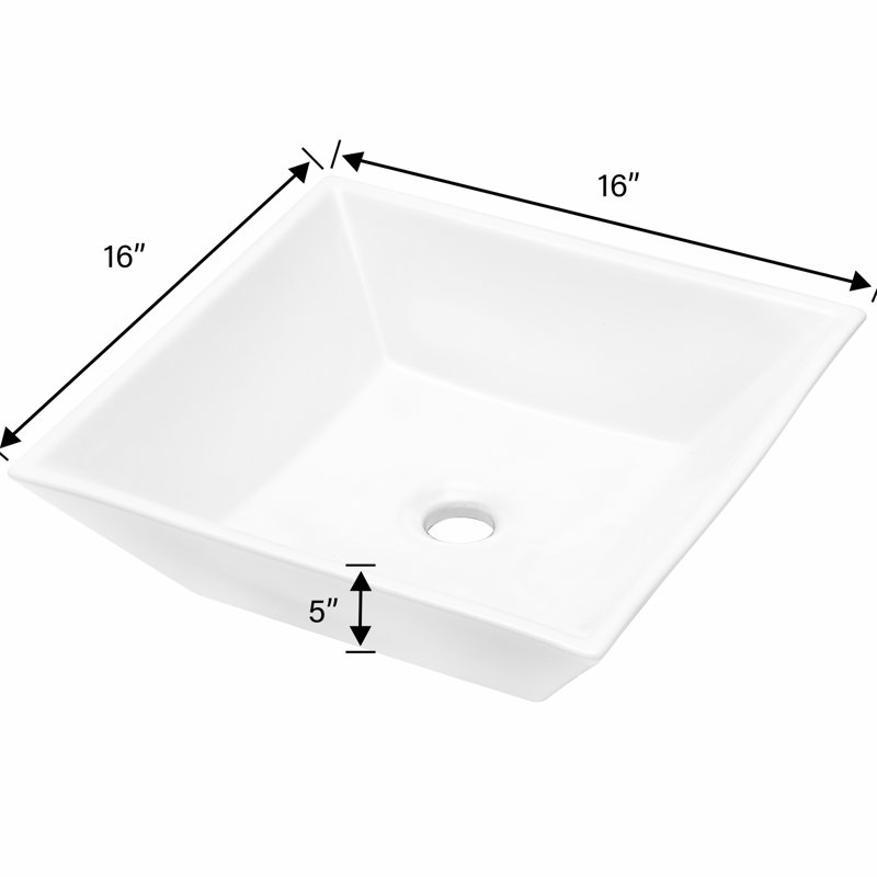 Lavabo vasque de salle de bain en céramique blanche de 16 x 16 pouces - élégant et élégant, pour les salles de bain publiques à la maison, d'inspiration européenne moderne, carrée n'importe quel espace