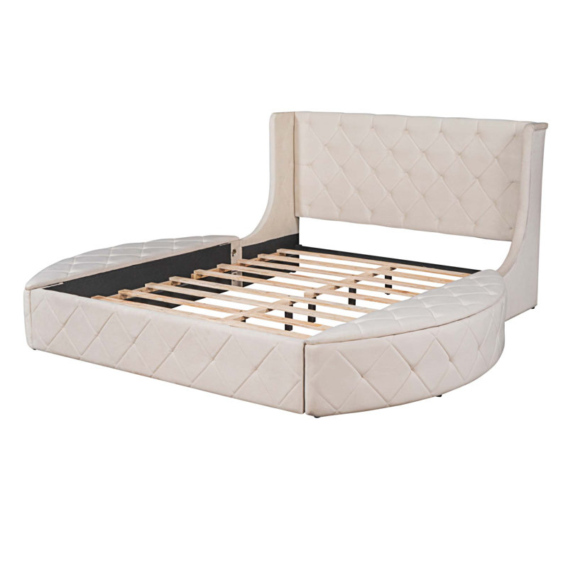 Lit plateforme capitonné avec rangement, Beige