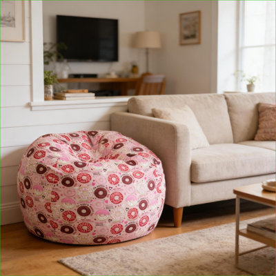 3 Foot Round Pre-Filled Bean Bag Chair for Adults, High Density Foam Comfort Lounge Seat, Pink Donut Print | Pink | Round