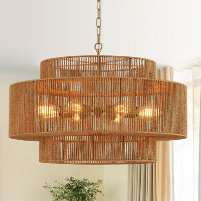 8-light Boho Hand Woven Drum Rattan Chandelier