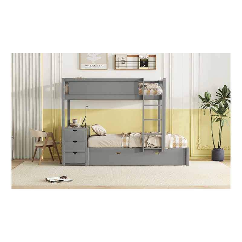 Lit simple superposé simple avec lit gigogne simple, rangement et bureau, gris