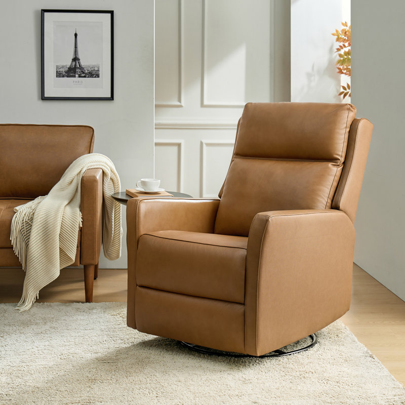 Nurbanu 29.5"W Transitional Genuine Leather Swivel Rocker Power Recliner with USB Ports, Camel