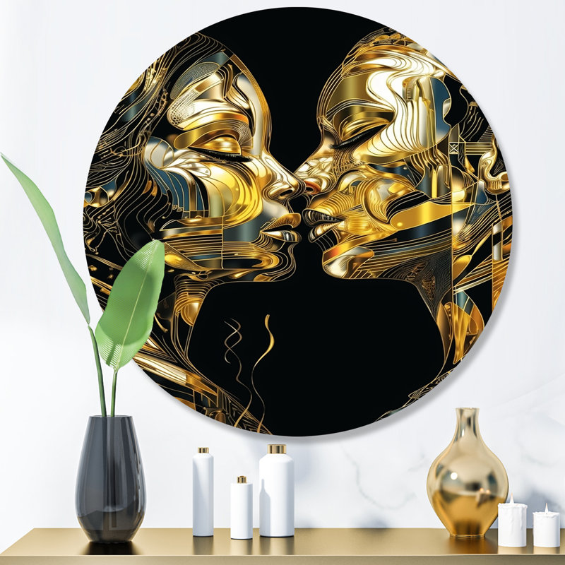 Acrylique Couple s'embrassant III - Marbre abstrait, art mural rond sur métal, H 23 po x l 23 po x P 1 po