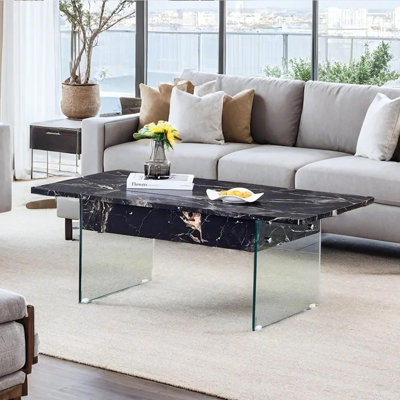 Table basse à plateau relevable de 43,3 pouces avec rangement - marbre noir et verre trempé (capacité de 300 lb), peu encombrante, pour le salon, le bureau