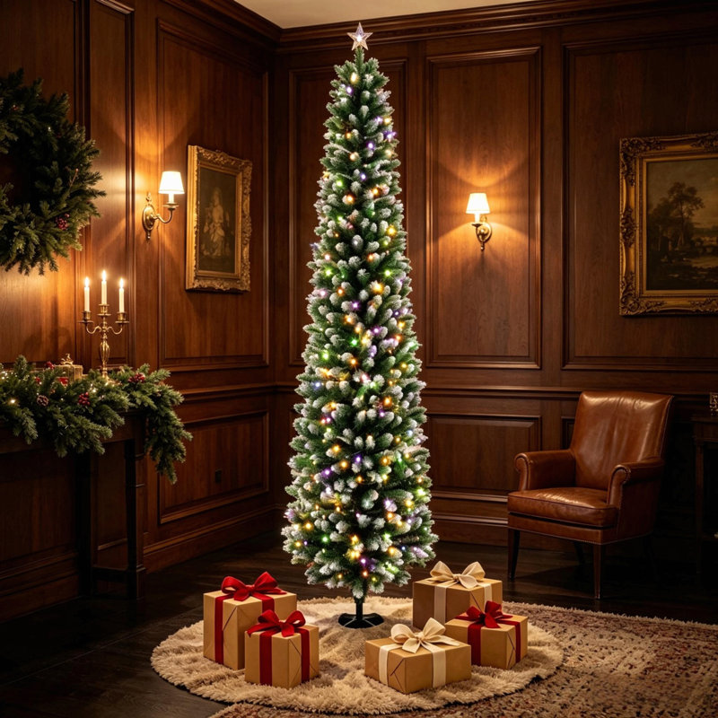 Arbre de Noël illuminé enneigé 8 pi, 2 lumières DEL blanc et blanc, télécommande avec 11 modes d'éclairage
