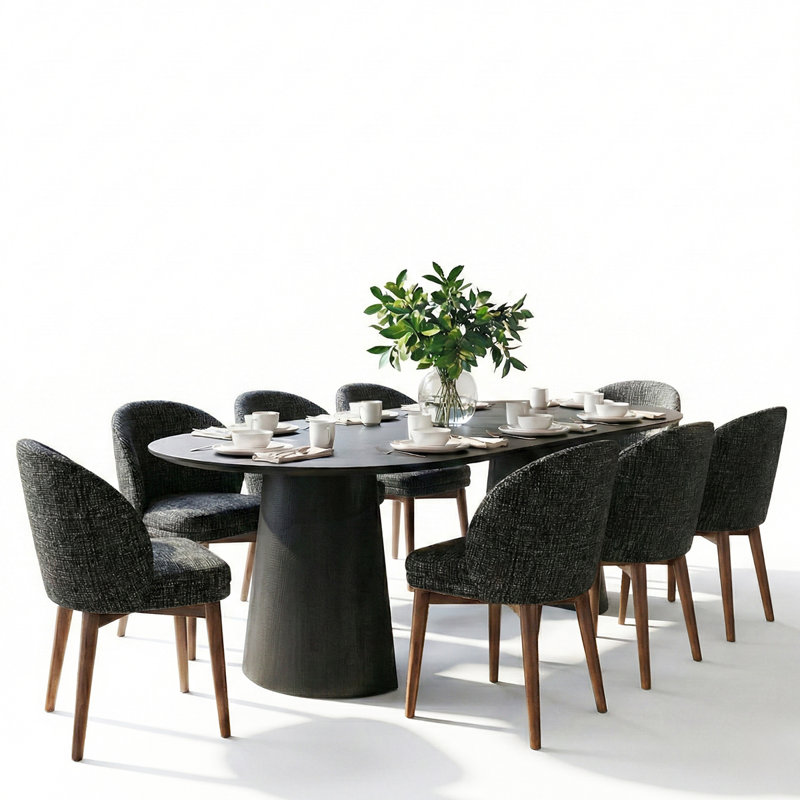 Ensemble de salle à manger extensible de 47 à 83 po avec fauteuils demi-tonneau rembourrés, 9 pièces : table, 8 chaises