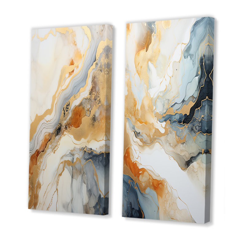 Abstrait géométrique beige et doré - ensemble de 2 reproductions d'art sur toile, Toile tendue, H 28 po x l 25 po