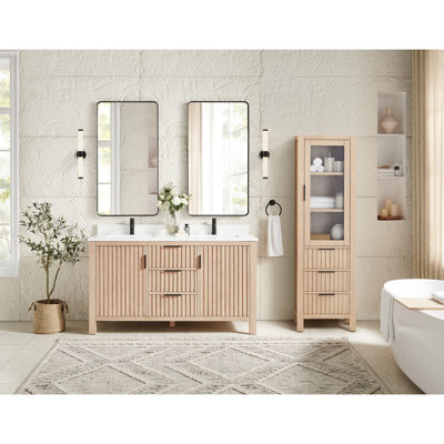 Meuble-lavabo double 60 po avec plateau en pierre blanche Charnley