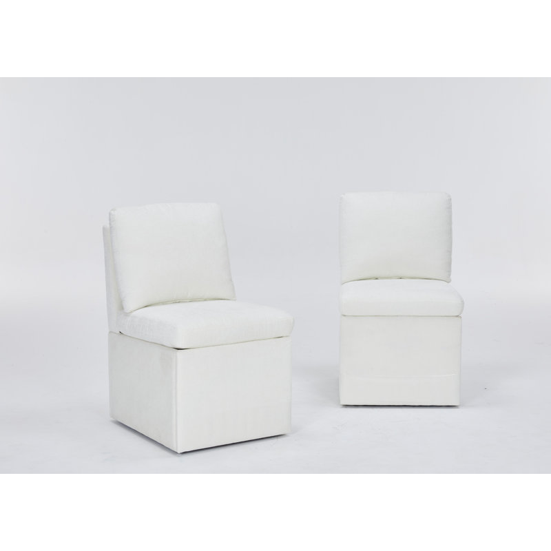 Linen Upholstered Armless Dining Chair with Casters and Storage space-set of 2, Ivory