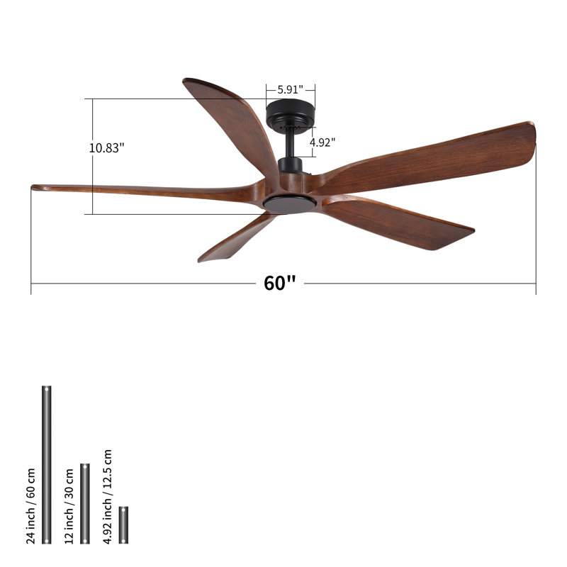 Ventilateur de plafond 60 pouces Modern Farmhouse avec pales en bois de noyer noir massif et finition noir mat