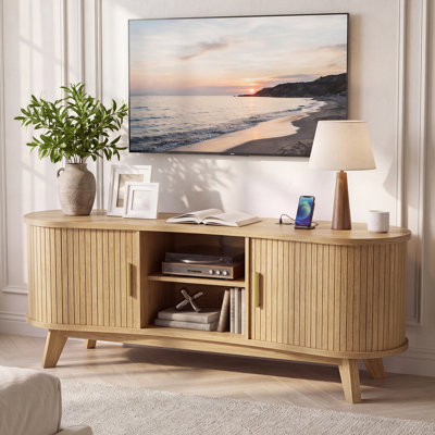  Modern Wooden TV Stand with Slatted Sliding Doors