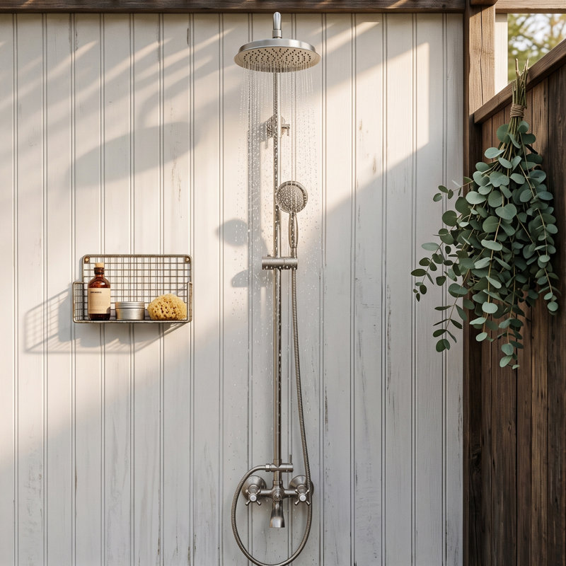 Système de douche d'extérieur mural 64 "à trois fonctions en laiton massif H 64", Nickel brossé
