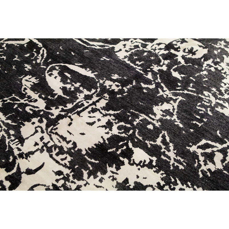 Tapis noir et blanc de haute qualité noué à la main, Rectangle 8 pi 1 po x 10 pi 0 po