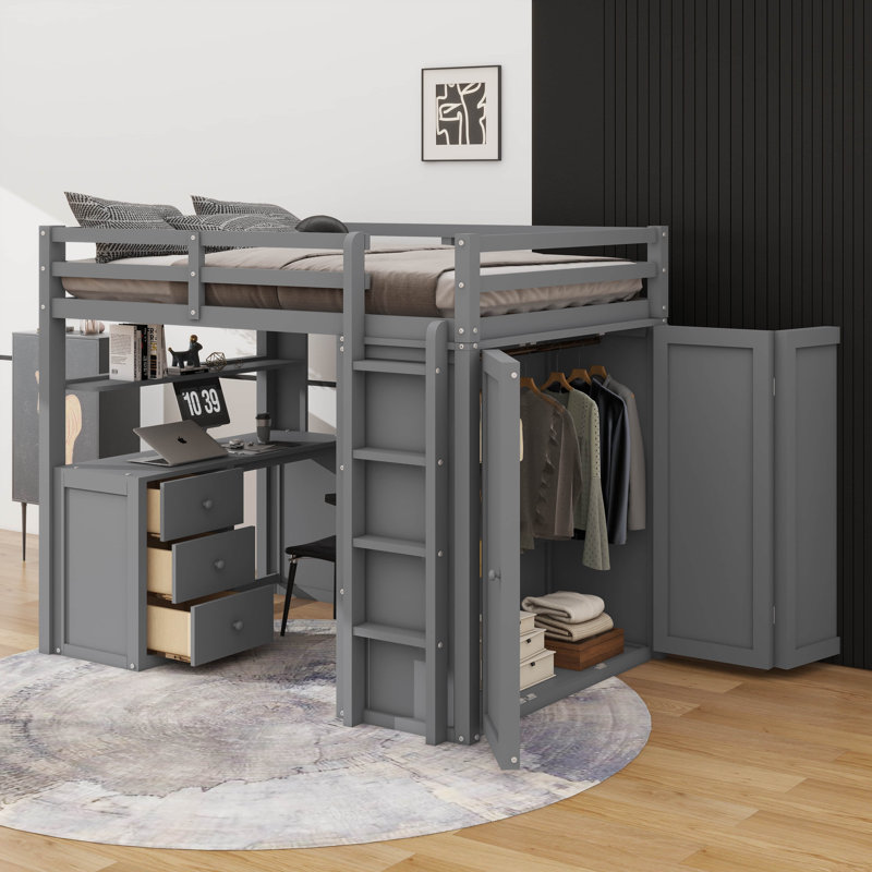 Lit mezzanine avec tiroirs, bureau et garde-robe, Gris