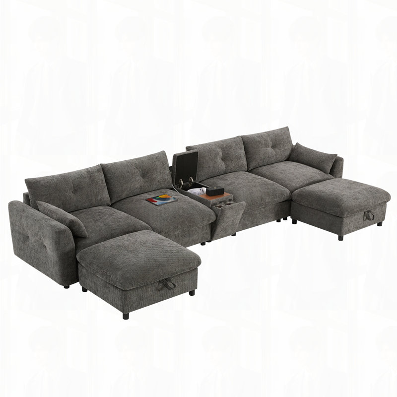 142'' Modular Sectional Sofa with Movable Storage Ottoman and Console, Grey