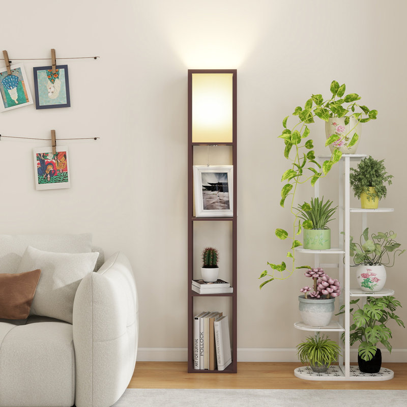 Floor Lamp with 3 Layers Wooden Shelves, Modern 160cm Standing Light Reading Lamp for Living Room, Brown