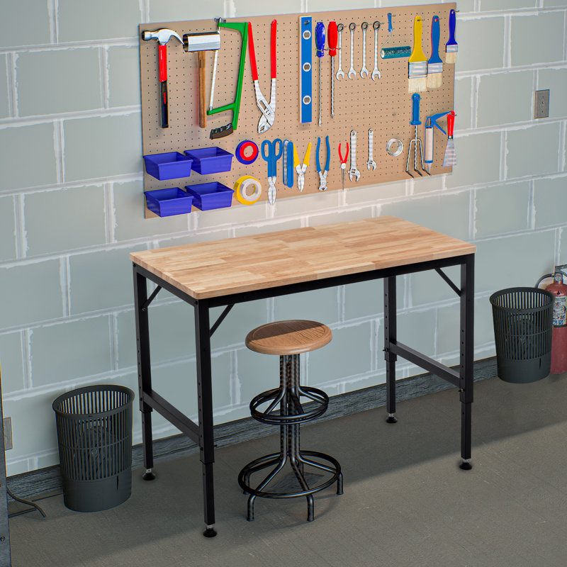 48" Heavy-Duty Adjustable Workbench For Garage, Rubber Wood Shop Table W/Rubber Pads, Hardwood Workstation Weight Capacity Over 2000 Lbs