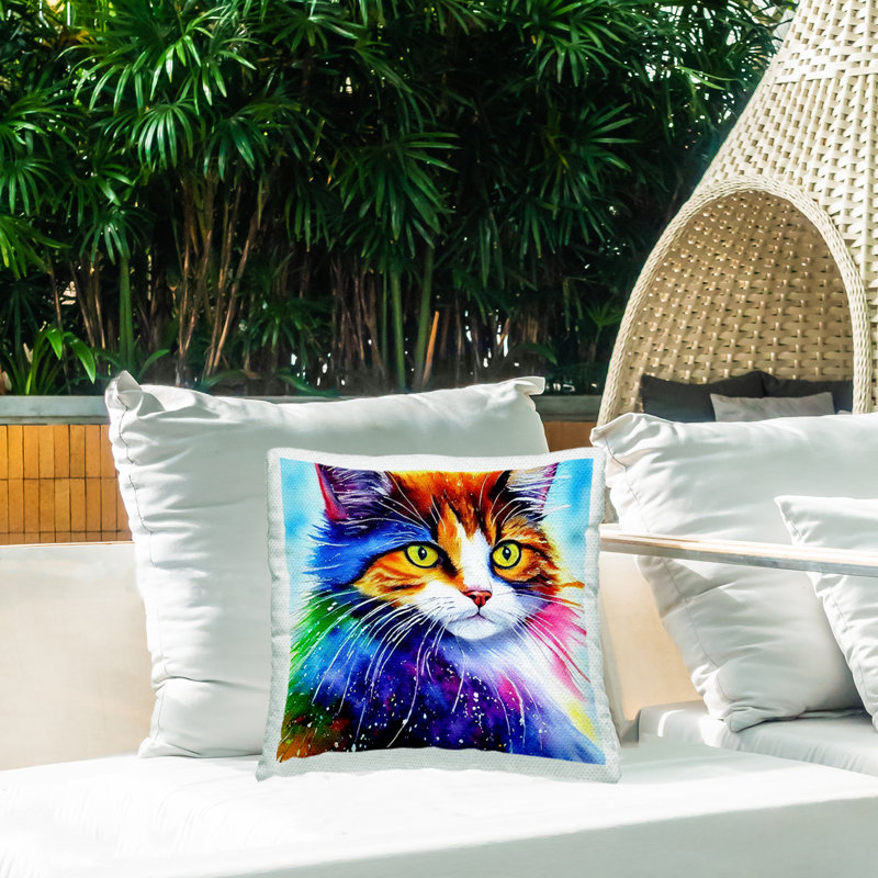 Coussin d'extérieur Modern Bold Rainbow Cat par Denise Dundon