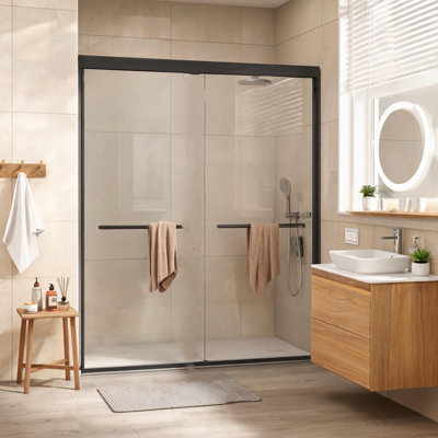 Porte de douche coulissante double en verre trempé noir mat de 44 à 48 pouces avec poignées en acier inoxydable