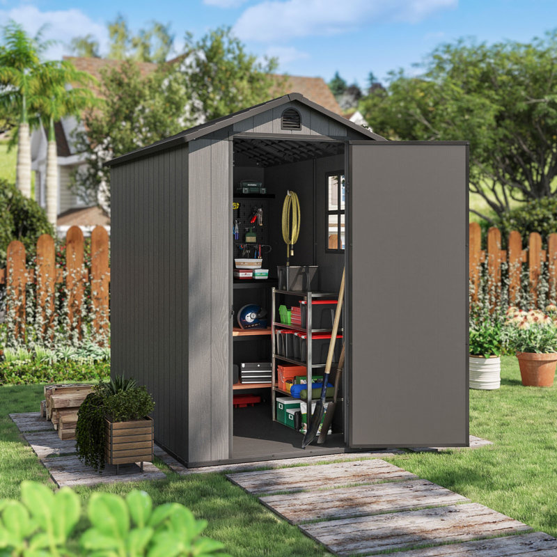 4 ft. W x 6 ft. D Plastic Storage Shed with Floor, Resin Shed with Window and Lockable Door, Dark Gray