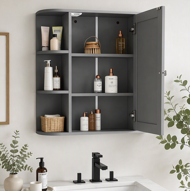 Armoire de rangement murale de salle de bain avec miroir, armoire à pharmacie avec tablette et portes réglables en bois, armoires de rangement montées avec 6 tablettes ouvertes