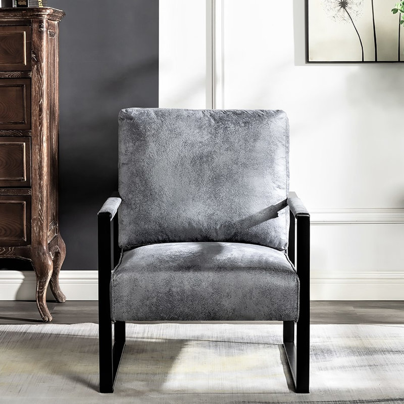 Chaise d'appoint moderne en microfibre tachetée de style Mid-Century avec structure en métal renforcé et fauteuil carré ouvert gris