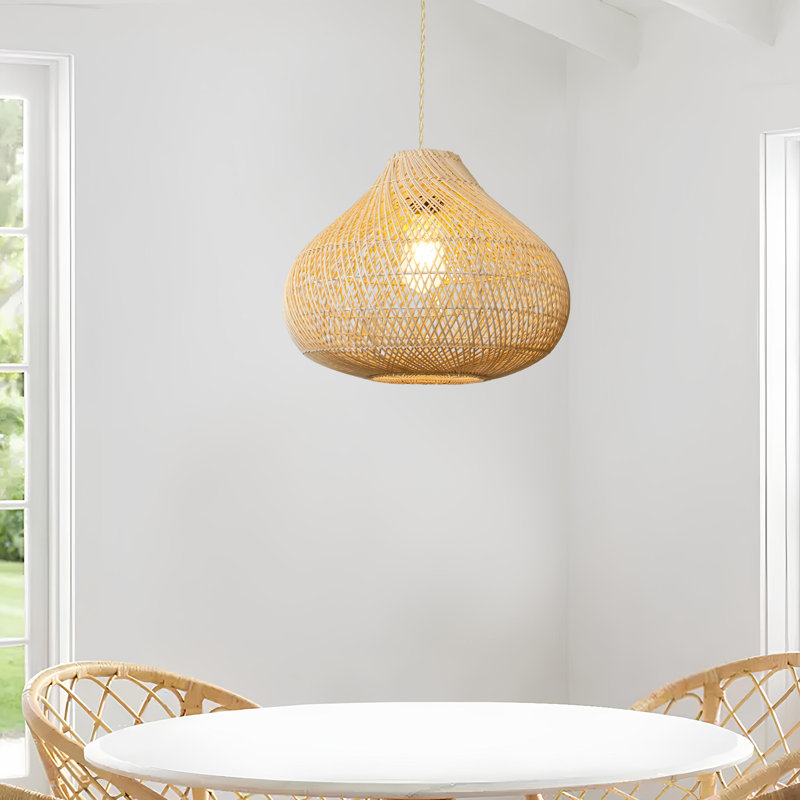 Luminaire suspendu en rotin tissé à la main à 1 lumière de style îlot de cuisine en rotin de style bohème 15,74 po Hyuk, Or