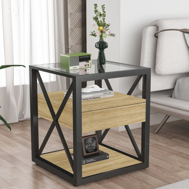 Table de bout avec plateau en verre trempé et tiroir, Naturel