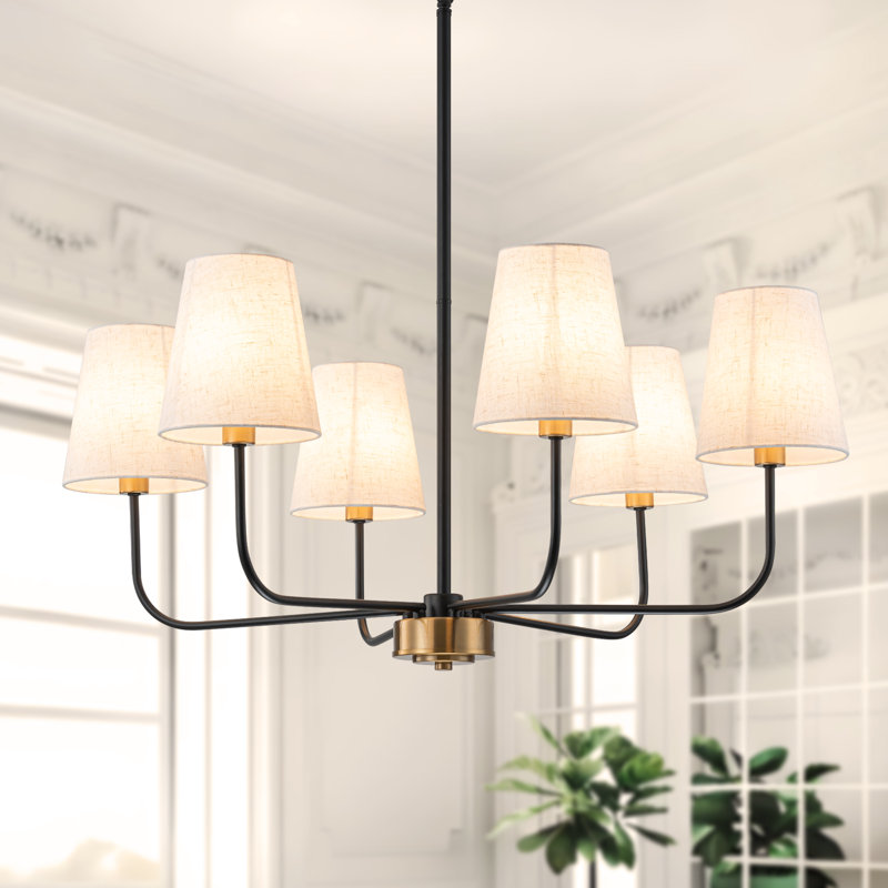 Velora 6-light Metal Chandelier With White Linen Shades, Matte Black/Gold