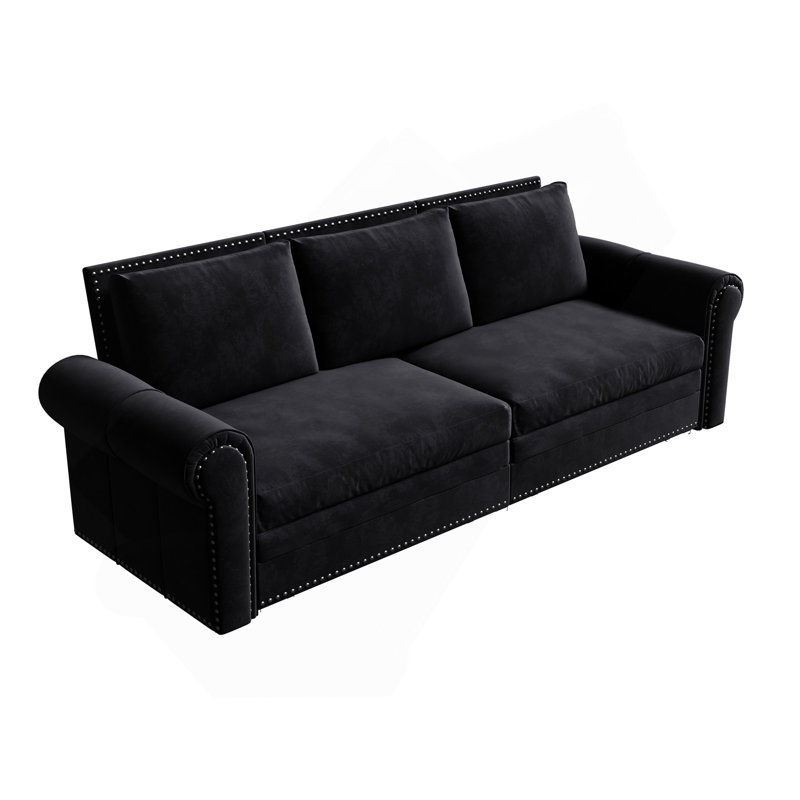 Canapé Chesterfield, canapé-lit gigogne de 93,7 po, canapé-lit convertible en velours 3 en 1 avec garniture cloutée et accoudoirs roulés, canapé-lit multifonctionnel pour noir