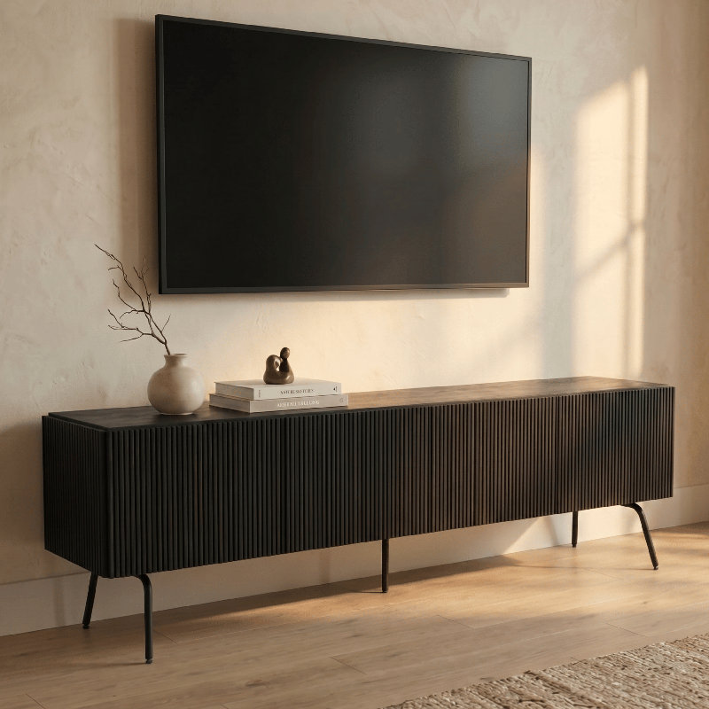 NTC Veil TV Stand with 4 Doors for TVs up to 75’’, Media Console with Vertical Groove Design and Metal Legs, Modern Entertainment Center for Living Room and Bedroom, Effortless Assembly