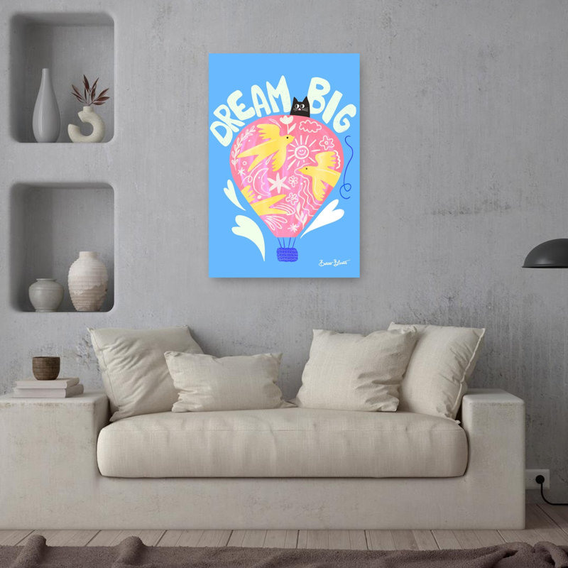 «Whimsical Dream Big Balloon» fantaisiste abstrait oiseau contemporain, paysage, paysage, impression murale