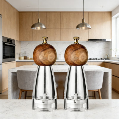 Manual Pepper Grinder And Salt Mill Set With Adjustable Coarseness - Acrylic And Wood Design Refillable Spice Grinders For Fresh Ground Pepper And Salt