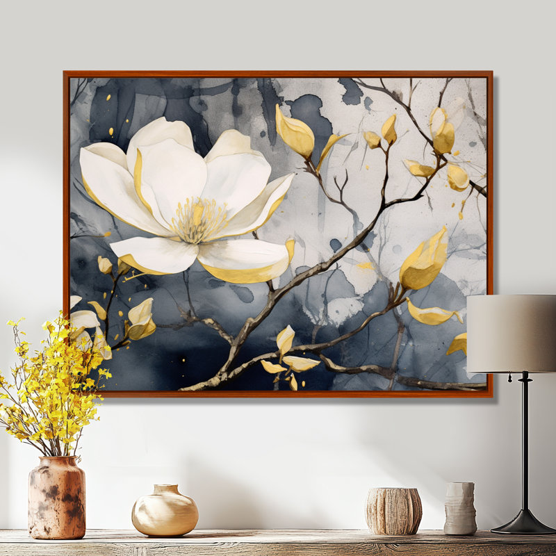 Jaune jaune, gris, magnolia, nature, élégance III - art mural sur toile florale, H 12 po x l 20 po x P 1 po