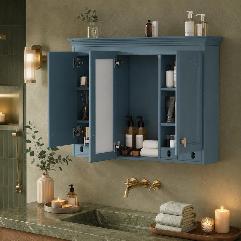Armoire de salle de bain moderne à 3 portes avec rangement dissimulé, tablettes réglables et portes décoratives encadrées