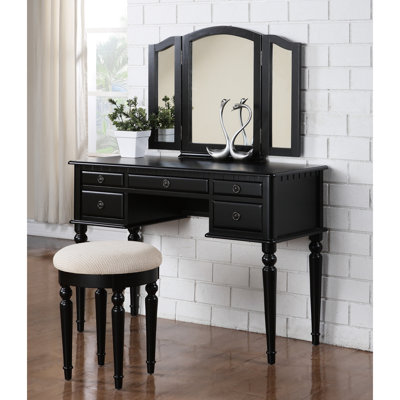 Black Contemporary Bedroom Vanity - With Stool And Storage Space Birch Veneer Modern