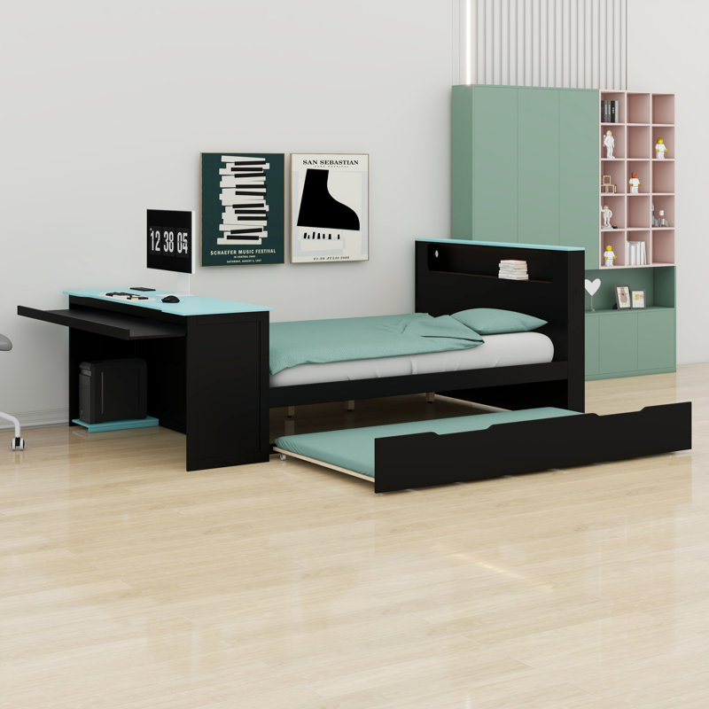 Wood Daybed with Trundle, Writing Desk, Built-in LED Lighting & USB Charging Ports, Black+Blue, Full / Double