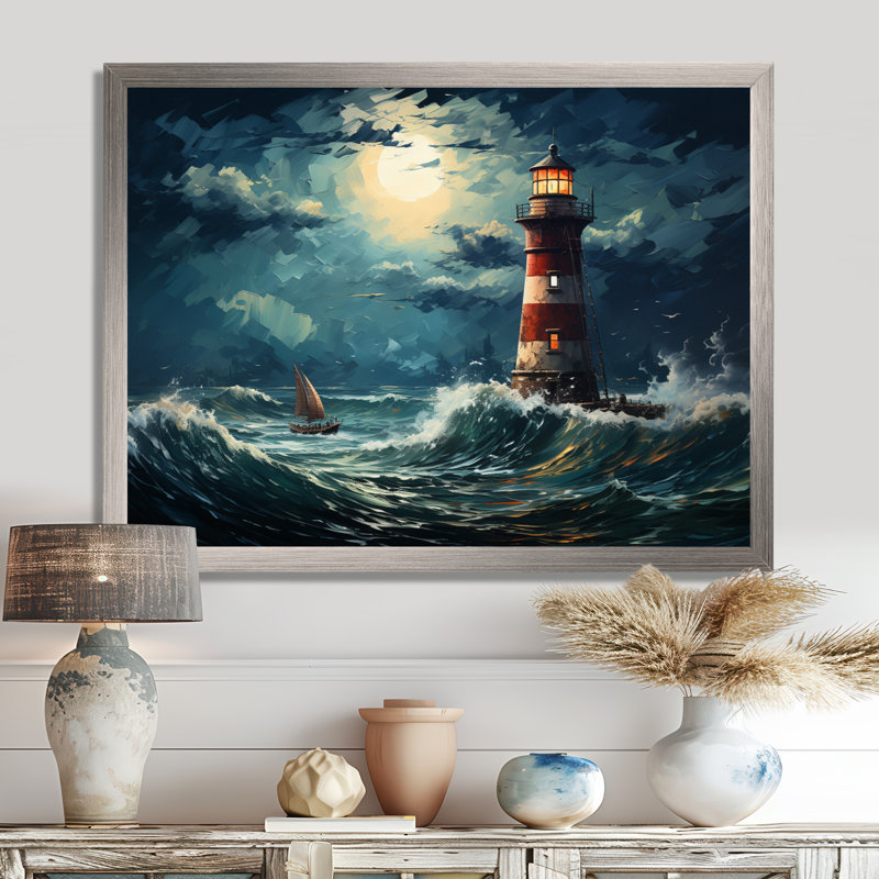 Phare de la mer orageuse 1 - art mural phares, H 16 po x l 32 po x P 1 po, Cadre flottant brun