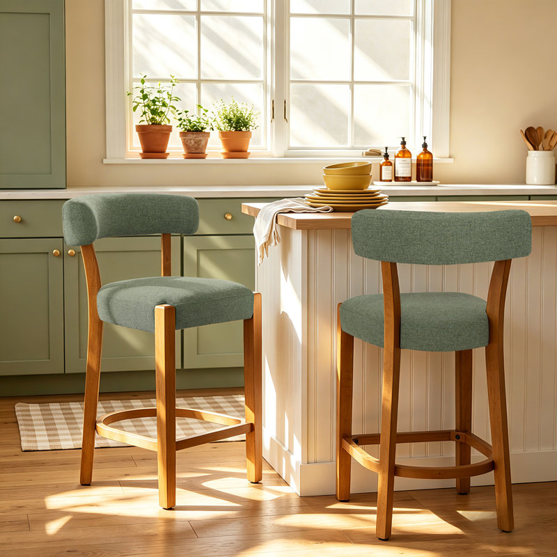 26" Upholstered Counter Height Bar Stool with Solid Wood Frame, Green Linen / Brown Frame, 2