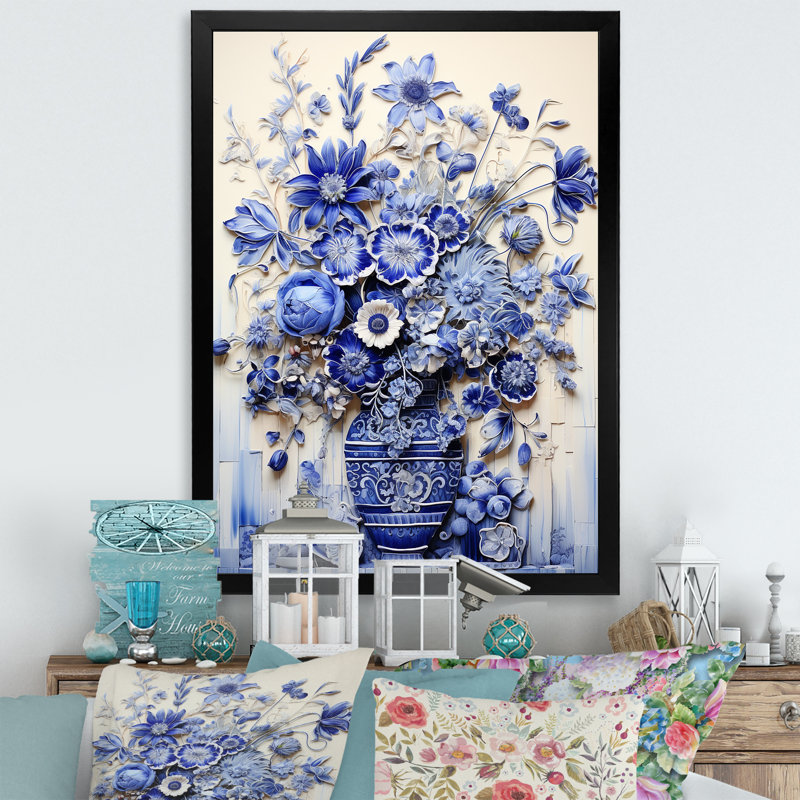 «Blue and White Boho plant Pottery II», impression sur toile Boho Pottery, H 40 po x l 30 po x P 1,5 po, Cadre simple noir