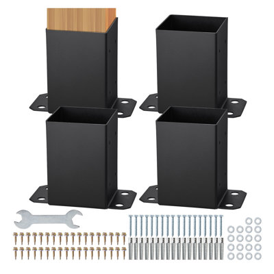 4-Pack Heavy Duty 4x4 Post Base Brackets - Black Steel Fence Post Anchor with Full Wrap Design for Deck, Pergola & Porch Columns