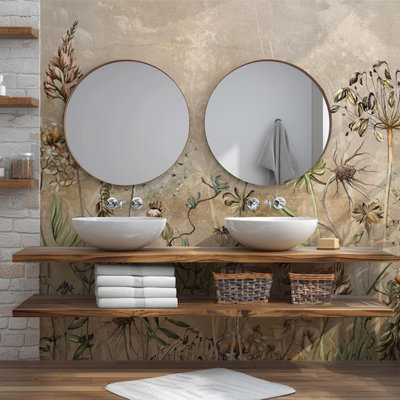 Adhésif mural prairie botanique beige à fleurs sauvages, papier peint floral nature rétro, décoration murale de jardin terre neutre, pelez et collez ou traditionnel