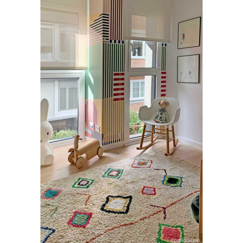 Kaarol Hand Tufted Cotton Moroccan Area Rug in Beige/Orange/Yellow/Navy, Rectangle 6'7" x 9'10"