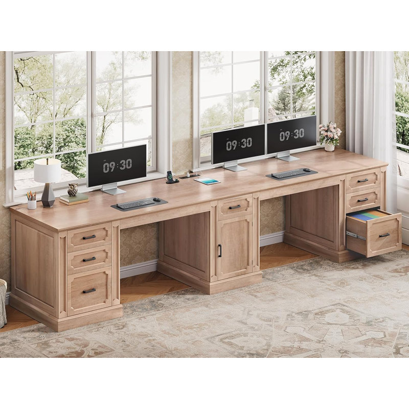 Farmhouse 110.3" Two Person Desk With 7 Drawers, Natural Oak