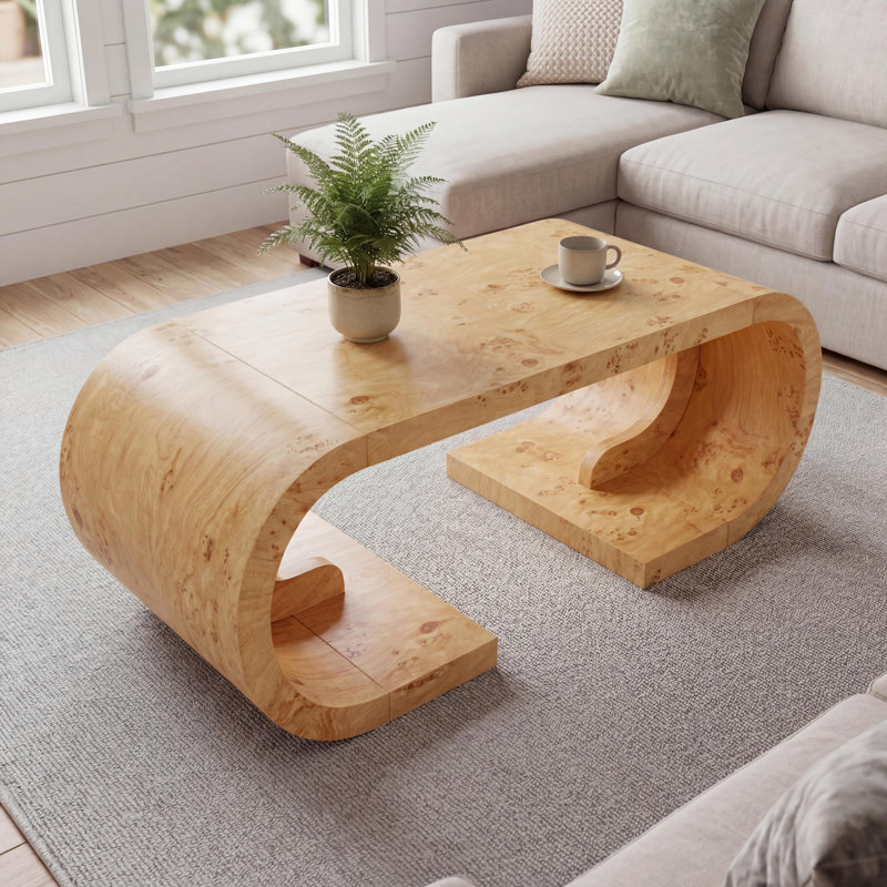 47.24"Curved Coffee Table Heavy Duty C-Shaped Center Table With Curved Base, Yellow Brown