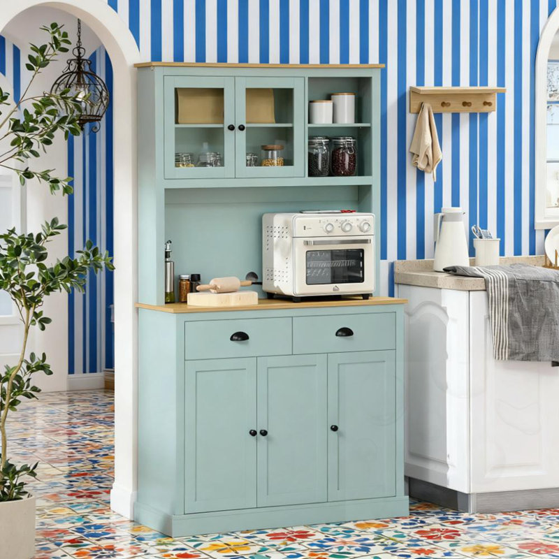 Buffet de cuisine autoportant avec huche avec tiroirs, portes en verre et tablettes réglables